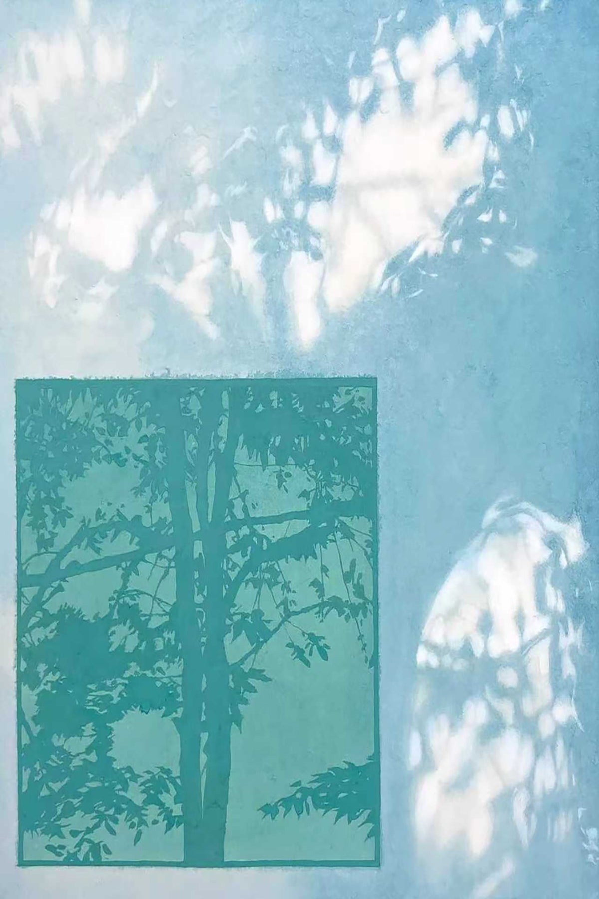 A teal window panel with dappled light on blue