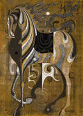 A horse decorated with swirling black and gold patterns