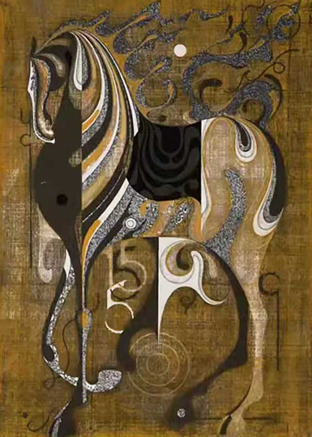 A horse decorated with swirling black and gold patterns