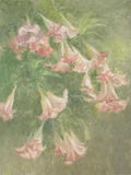 Pink trumpet flowers hanging over a soft green ground