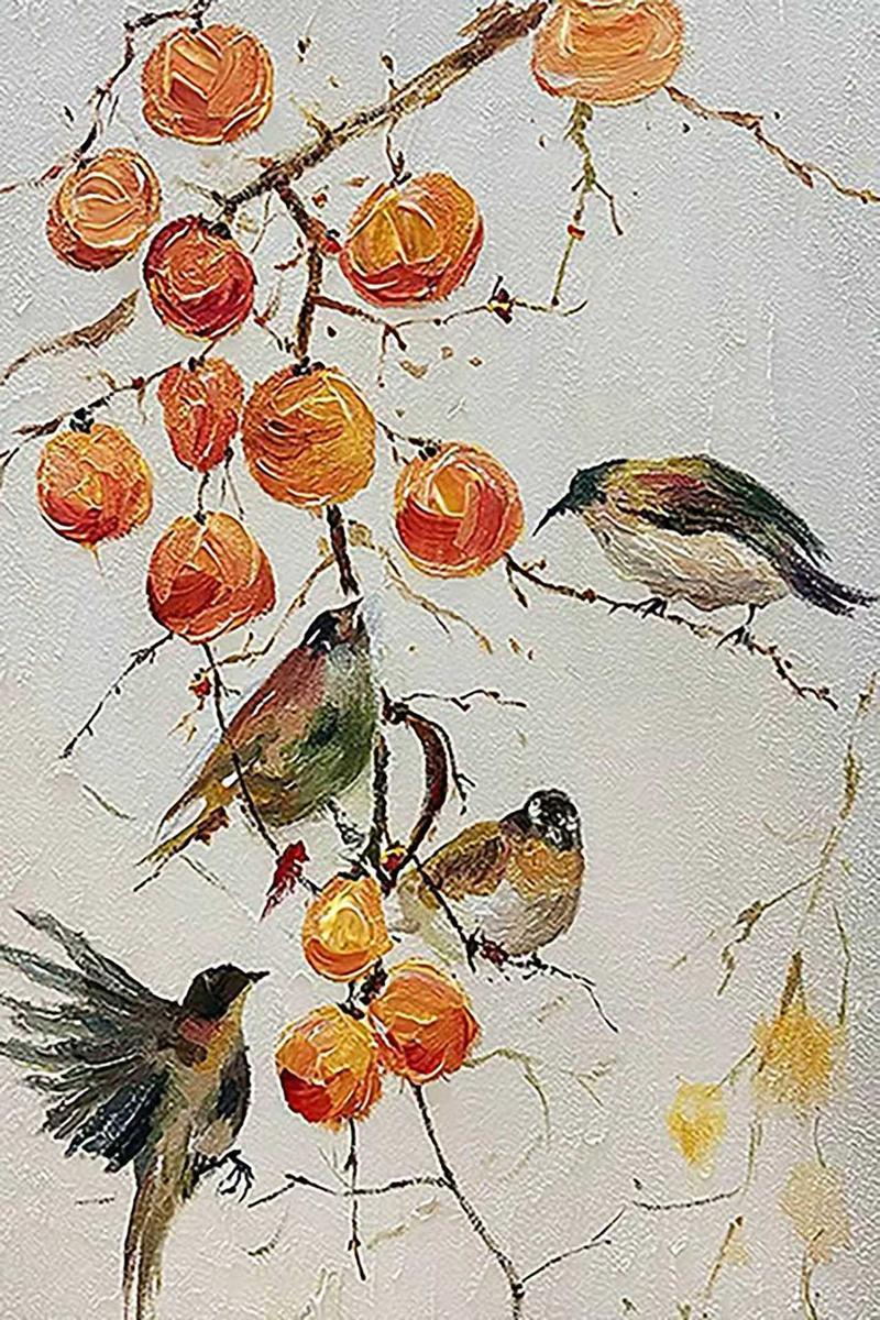 Small birds among a branch of orange persimmons on pale grey