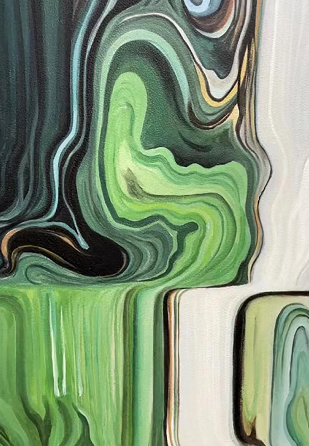 Swirling bands of green, black and cream like liquid marble