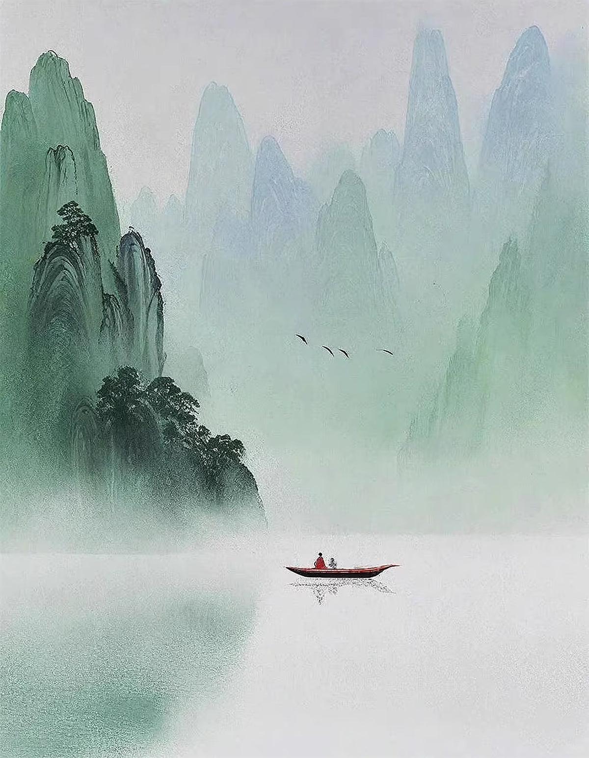 A small red boat drifting below misty jade peaks