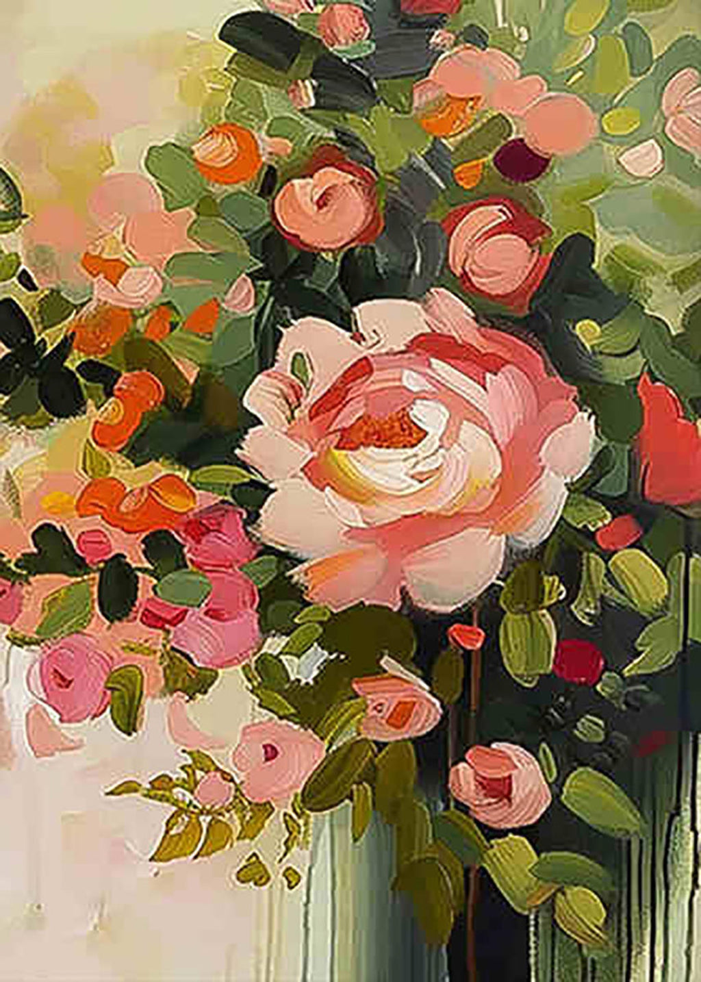 A coral rose and blooms with dripping paint