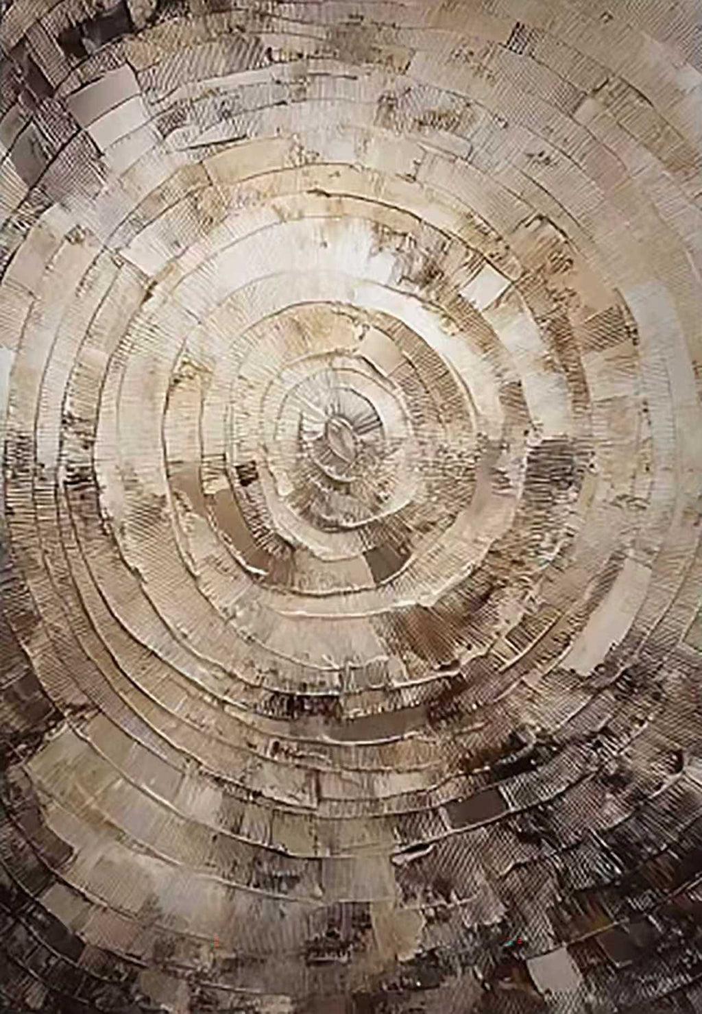 Concentric palette-knife rings of silver, grey and brown