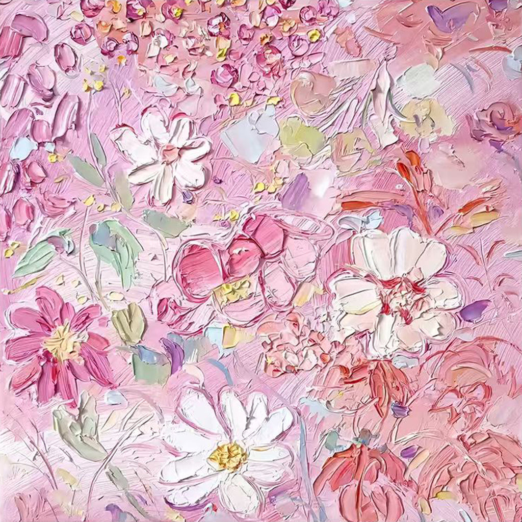 Dense pink and white flowers in thick palette-knife texture