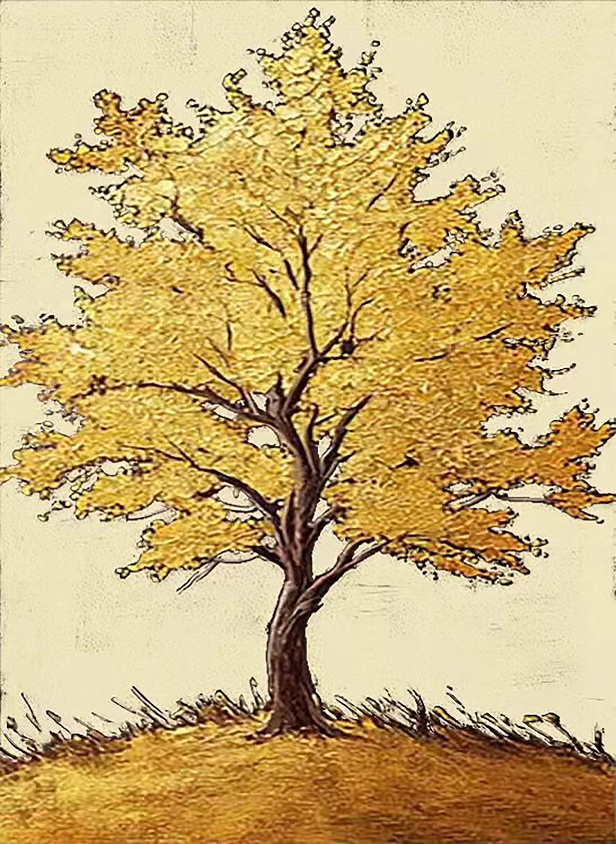 A single tree with blazing gold foliage on a cream field