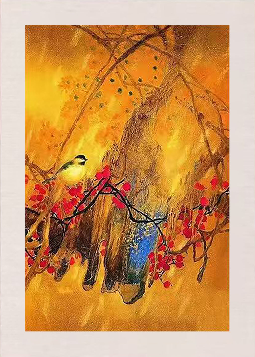 A bird among red berries and twigs on golden orange