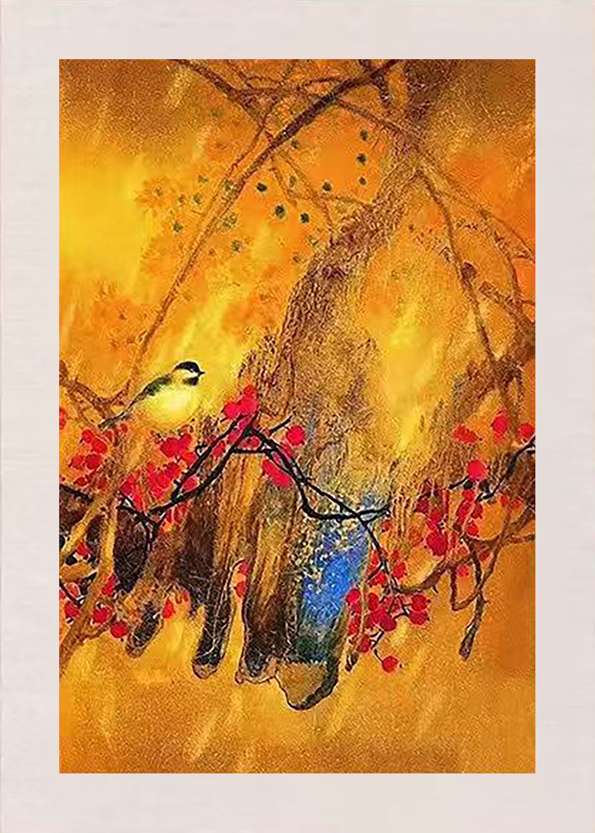 A bird among red berries and twigs on golden orange