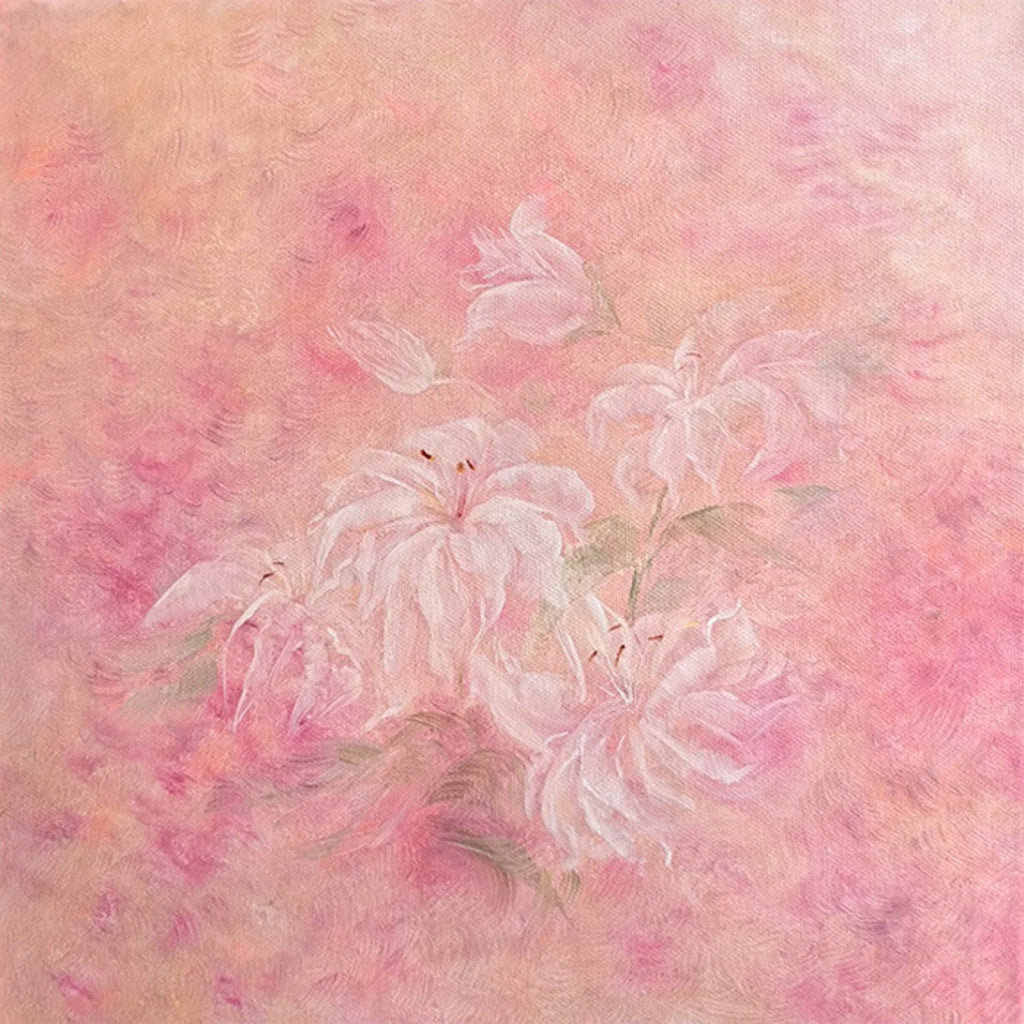 Faint white lilies on a hazy pink ground