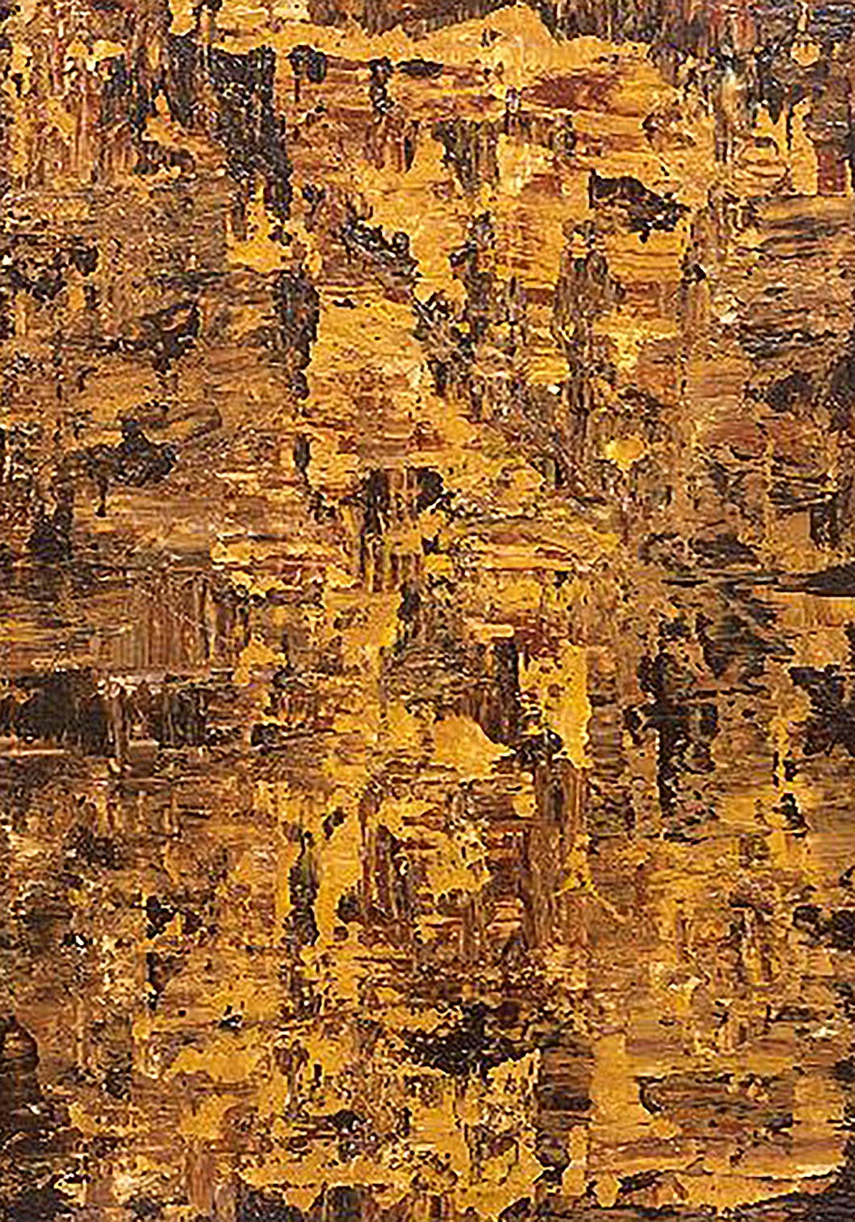 Thick, broken layers of gold and ochre paint