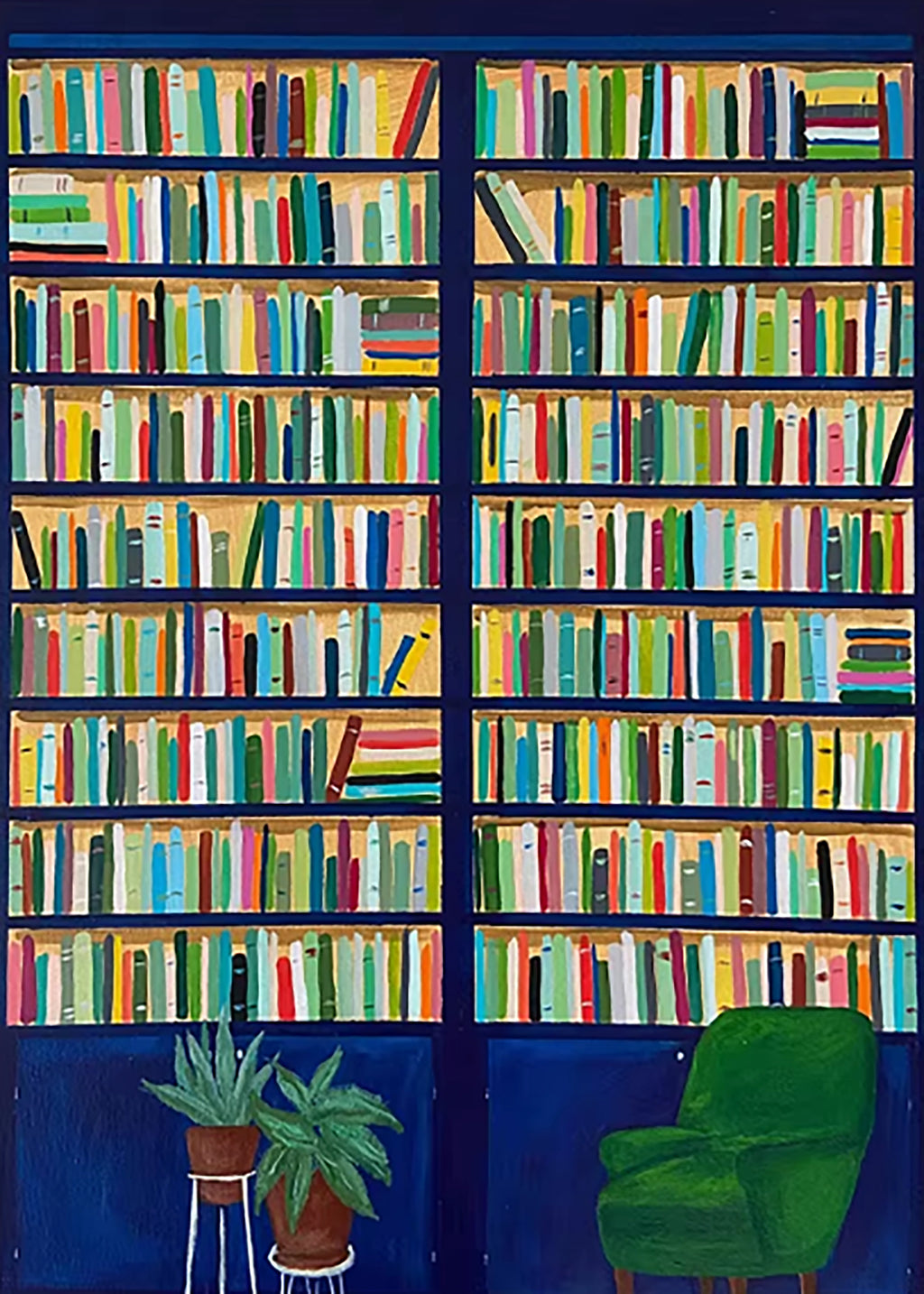 Floor-to-ceiling colourful bookshelves above a green armchair and plants