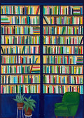 Floor-to-ceiling colourful bookshelves above a green armchair and plants