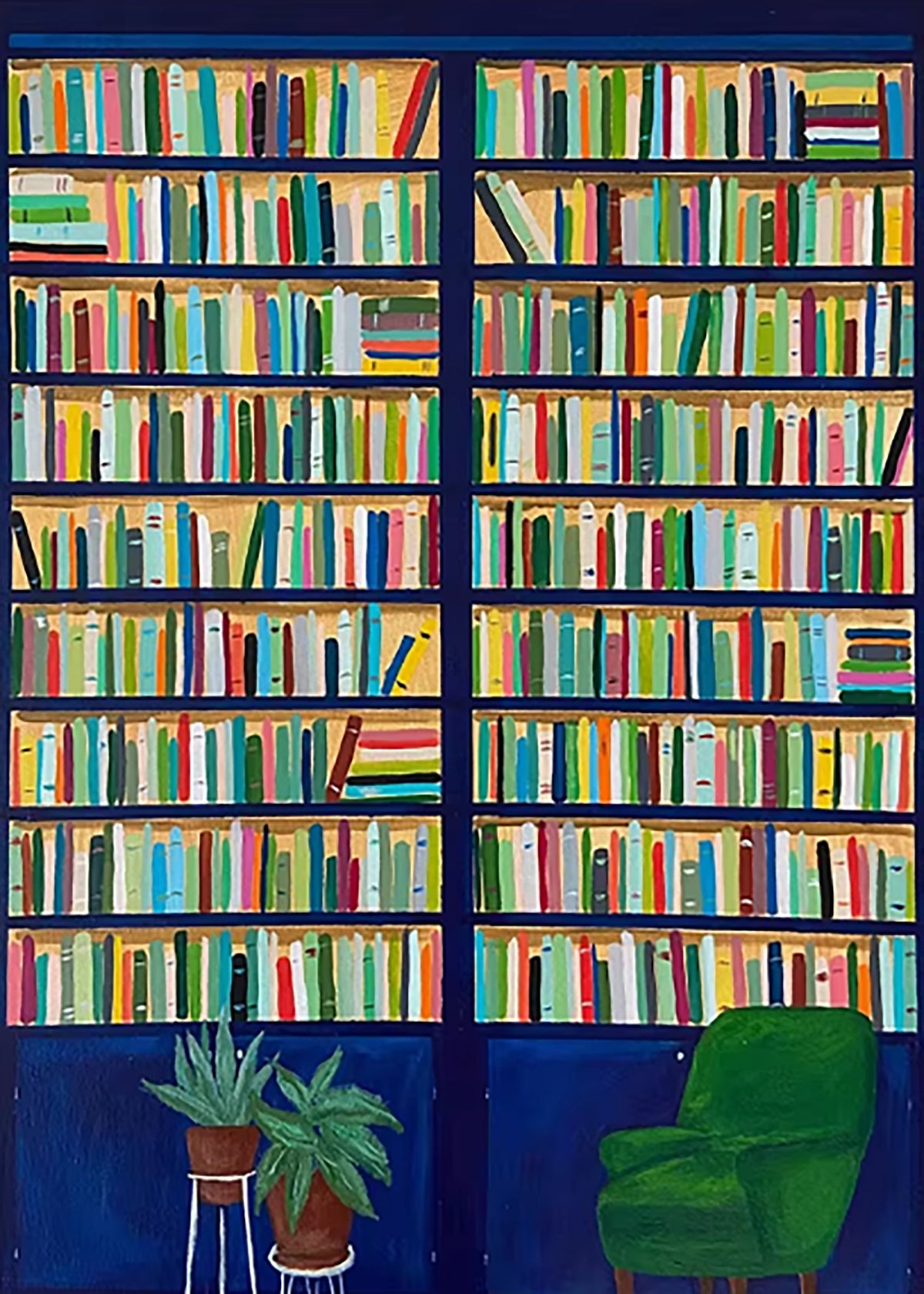 Floor-to-ceiling colourful bookshelves above a green armchair and plants