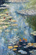 After Claude Monet's water lily paintings: lily pads and red blooms drifting on reflected blue water