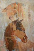 A horse's head layered with a fox's profile in weathered rust and peach