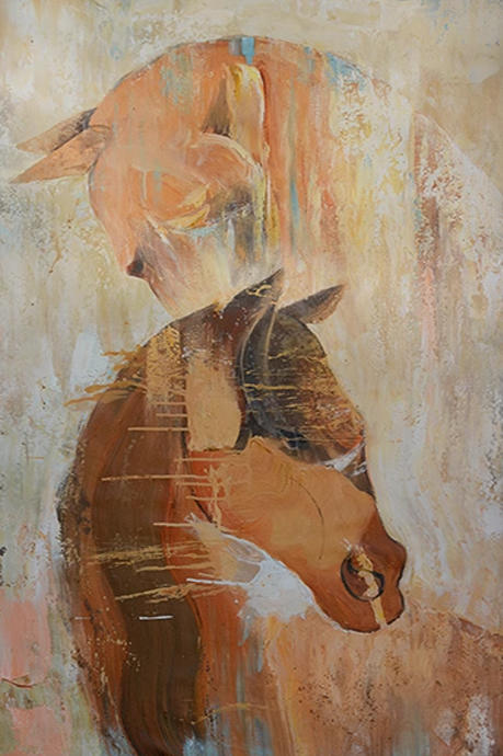 A horse's head layered with a fox's profile in weathered rust and peach
