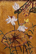 White lotus flowers and a dragonfly over a leaf on a gilded ground