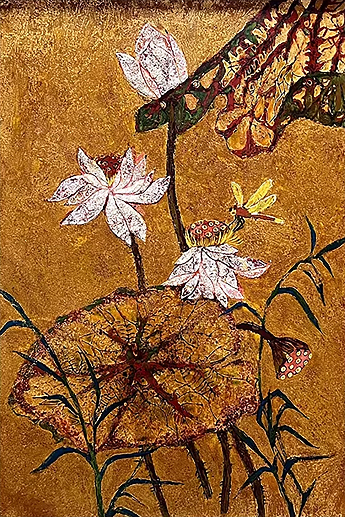 White lotus flowers and a dragonfly over a leaf on a gilded ground