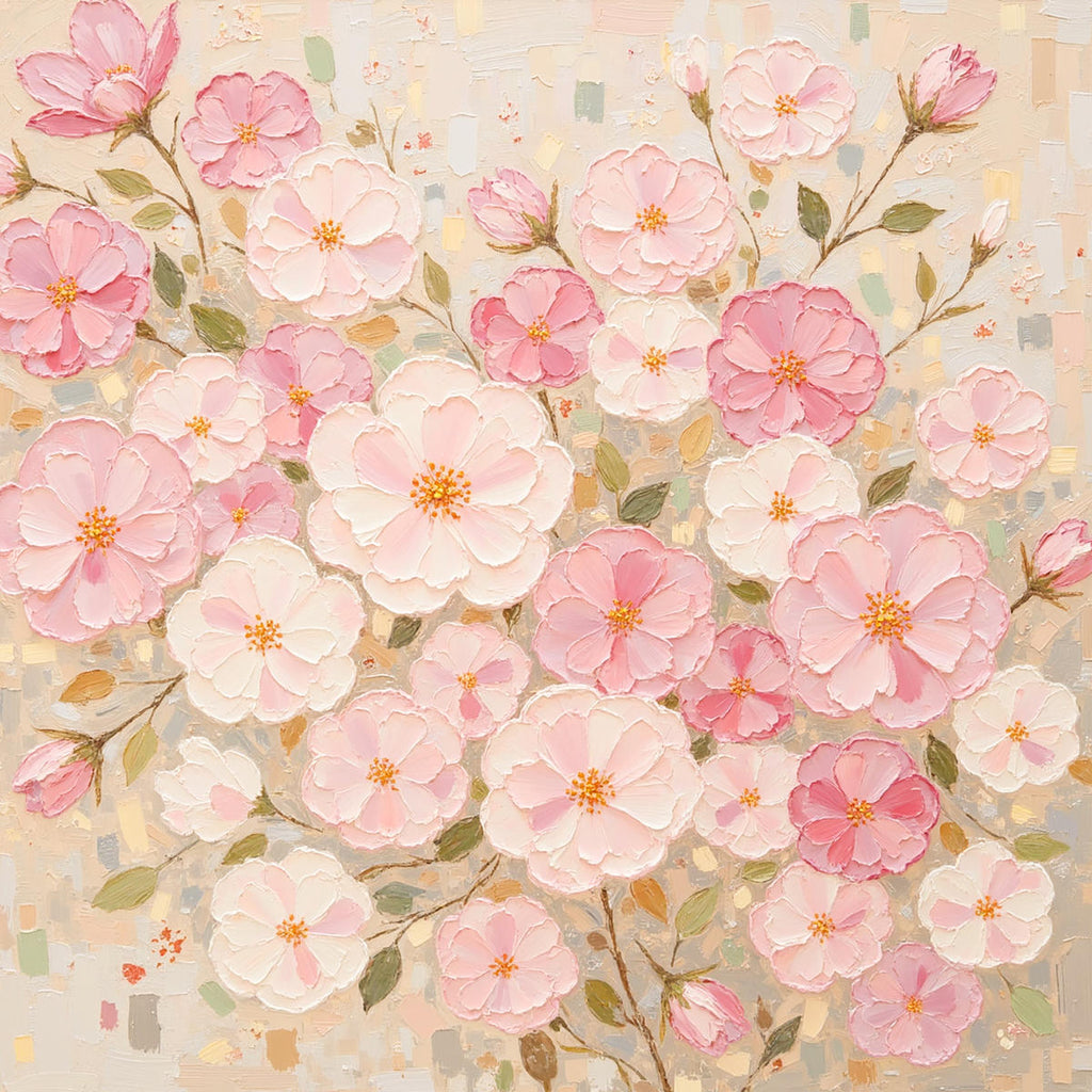 A cloud of pink blossoms in thick textured paint