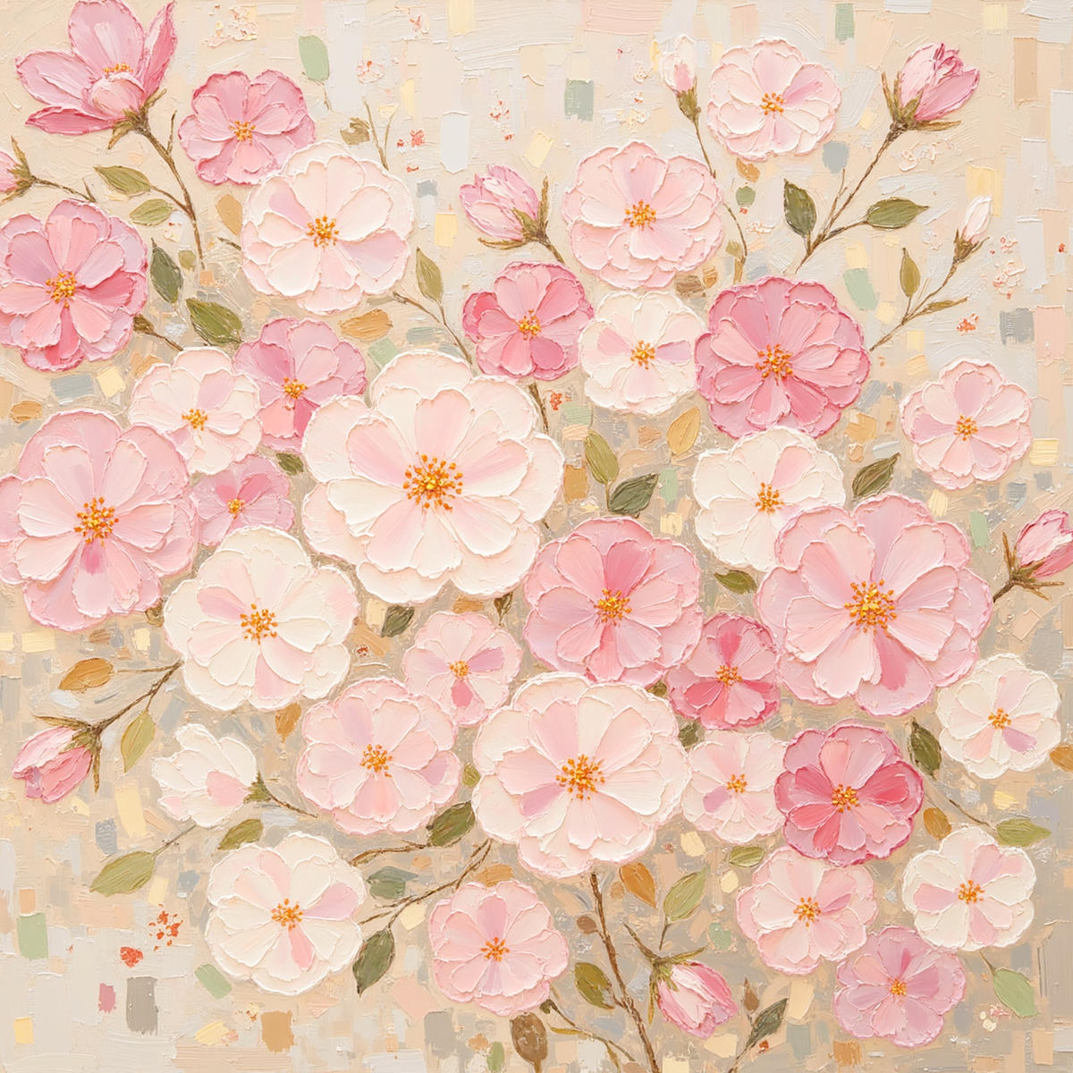 A cloud of pink blossoms in thick textured paint