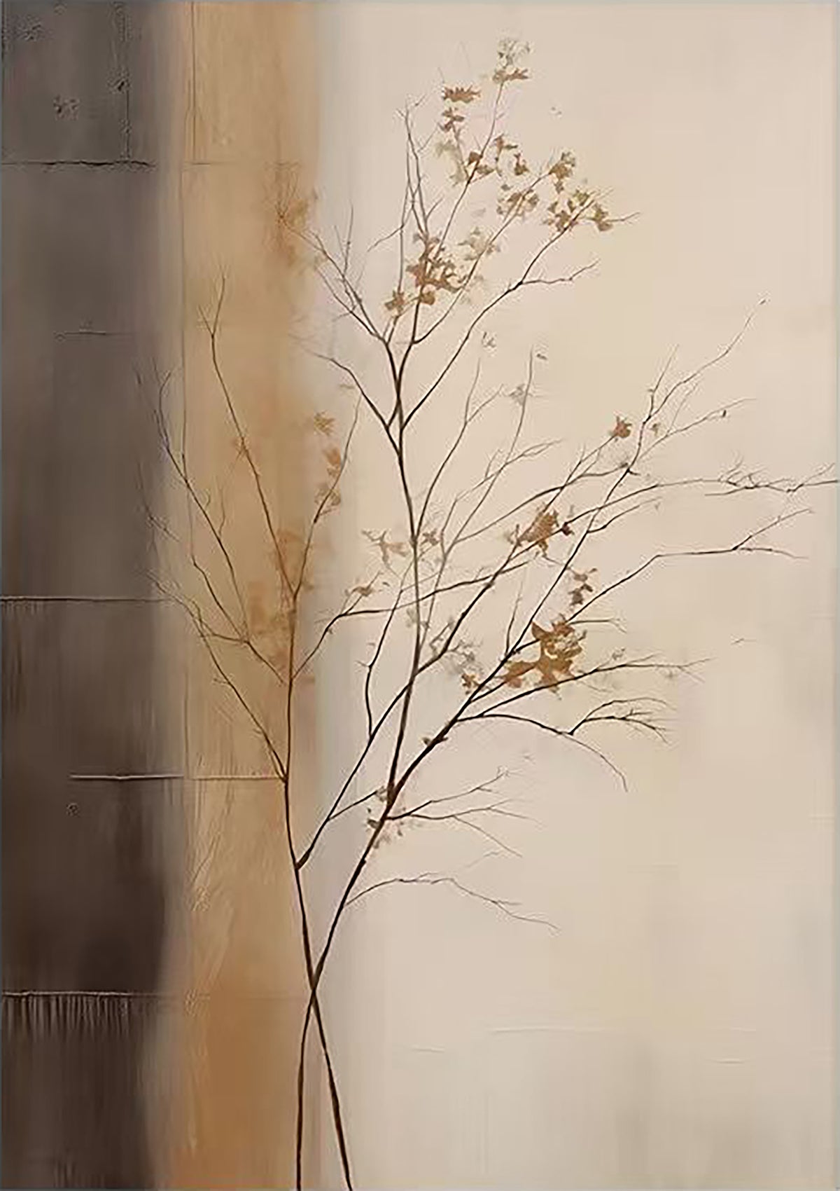 A delicate bare tree against bands of brown and cream