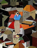A woman with a camera standing above a patchwork of red rooftops