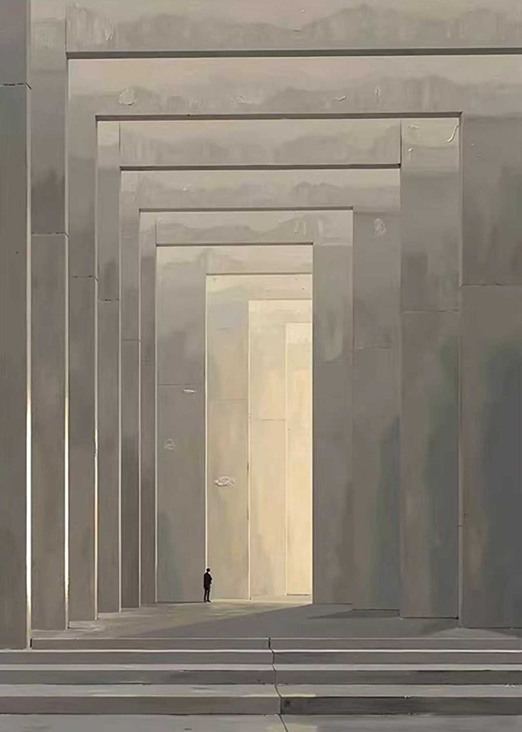 A tiny figure at the end of a long corridor of stone arches