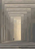 A tiny figure at the end of a long corridor of stone arches