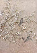 Small grey birds among a cloud of raised white blossoms