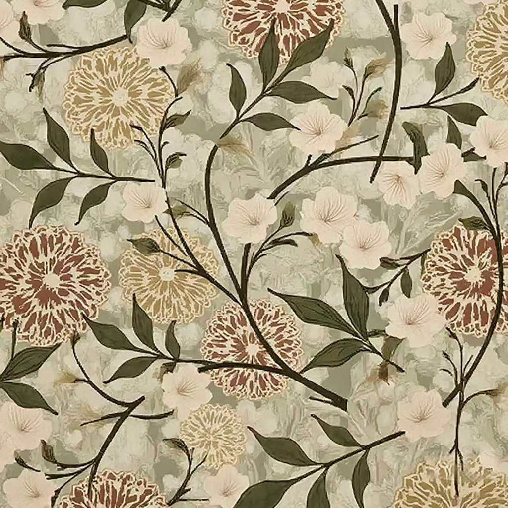 A dense pattern of cream blossoms, dahlias and dark leaves