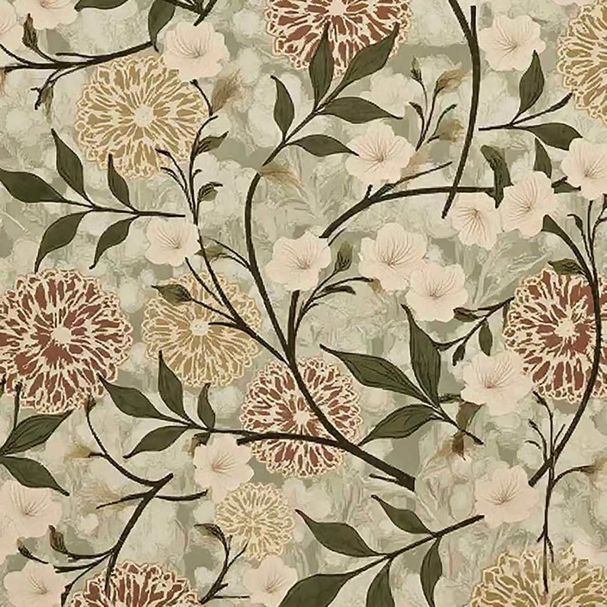 A dense pattern of cream blossoms, dahlias and dark leaves