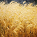 Tall golden wheat bending under a dark sky