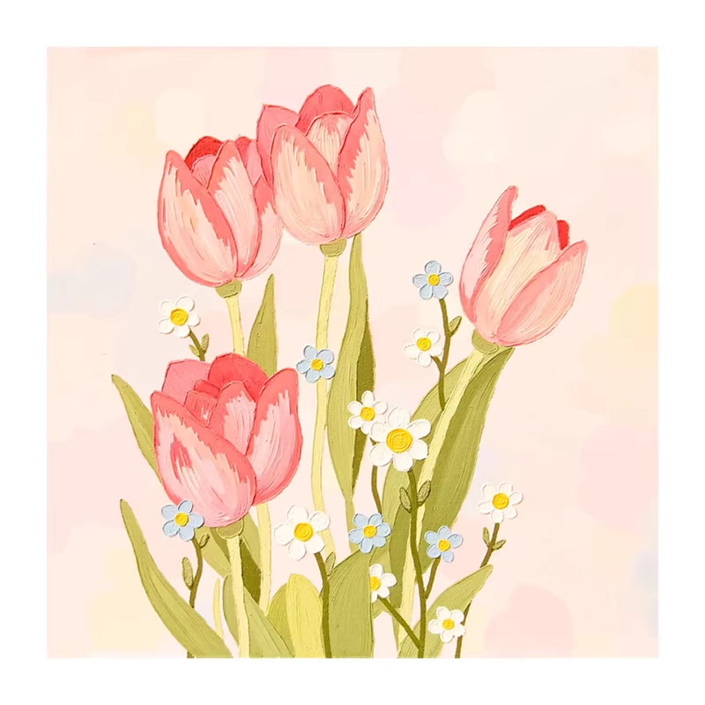 Pink tulips and small daisies on a soft pink ground