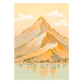 A sunlit golden peak mirrored in a still lake below