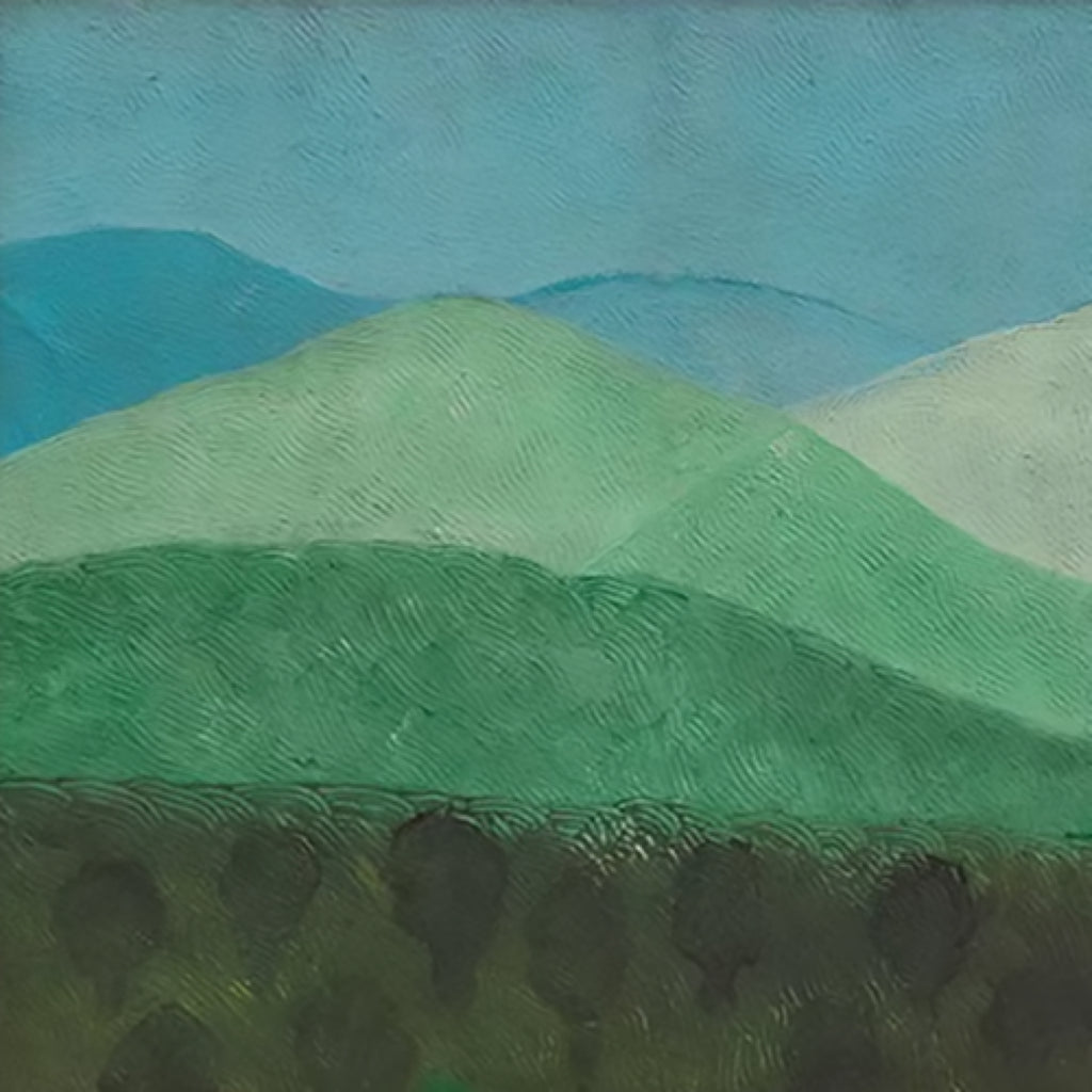 Layered green and teal hills rolling toward a dark tree line