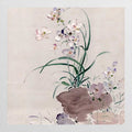 Lilac orchids and slender leaves rising from a soft violet stone