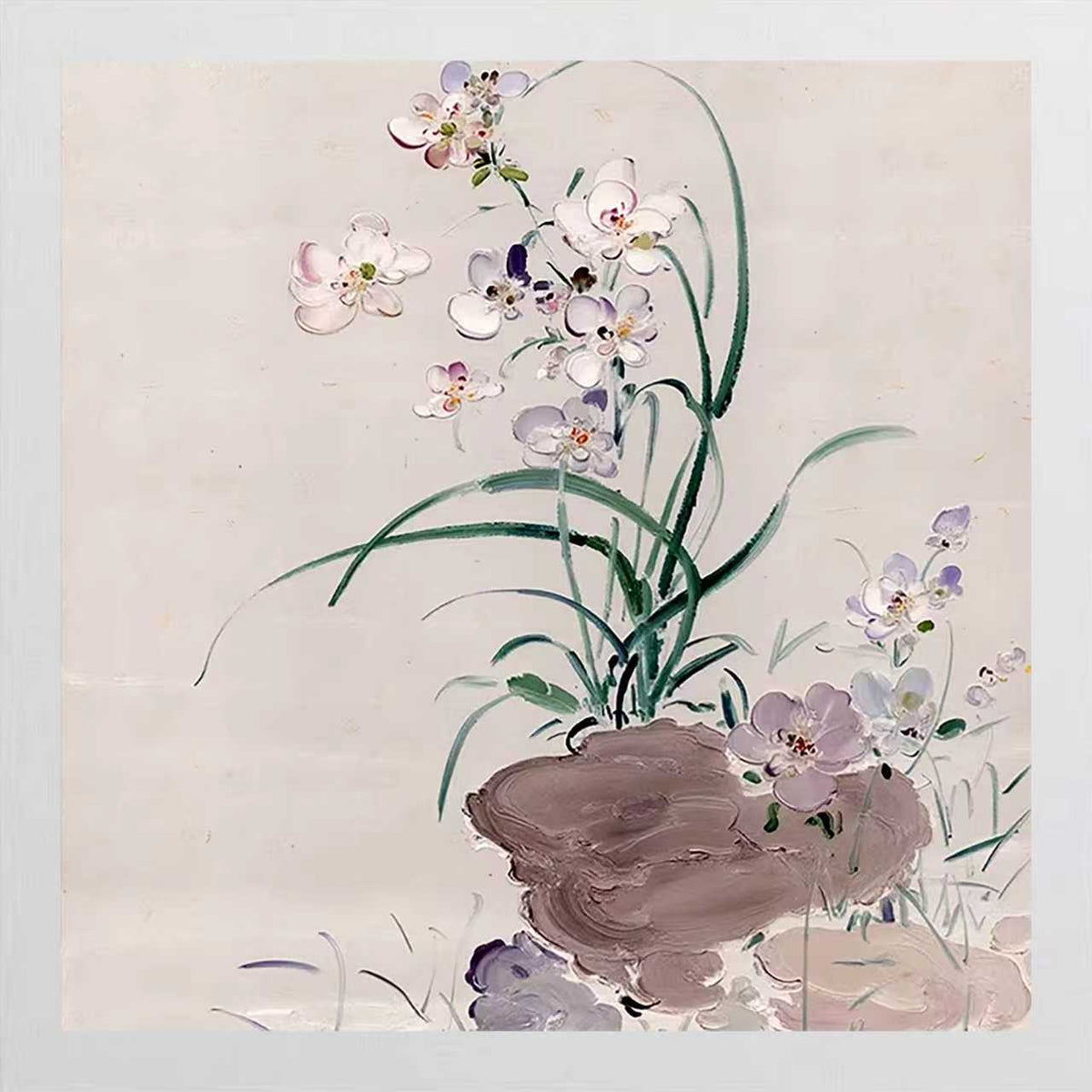 Lilac orchids and slender leaves rising from a soft violet stone