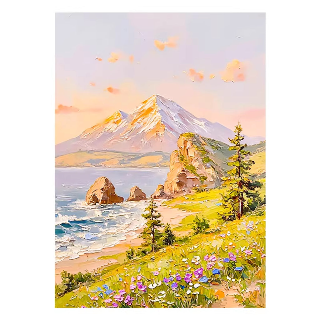 A snow-tipped peak over a rocky cove, wildflowers spilling down the slope