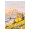 A snow-tipped peak over a rocky cove, wildflowers spilling down the slope