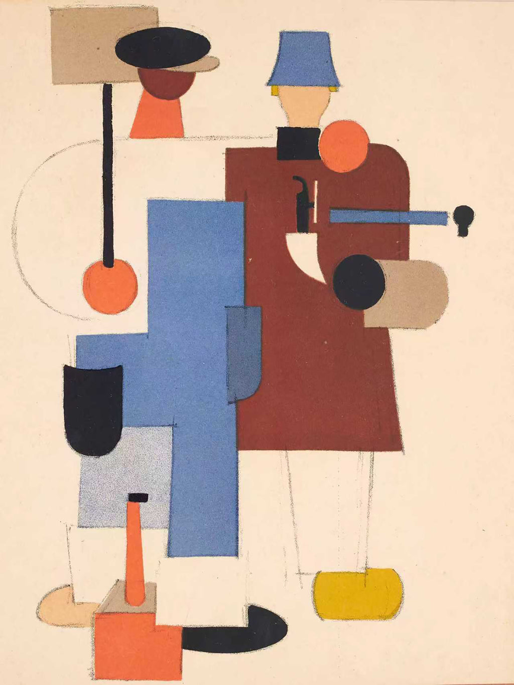 Two flat geometric figures in hats assembled from blocks of colour