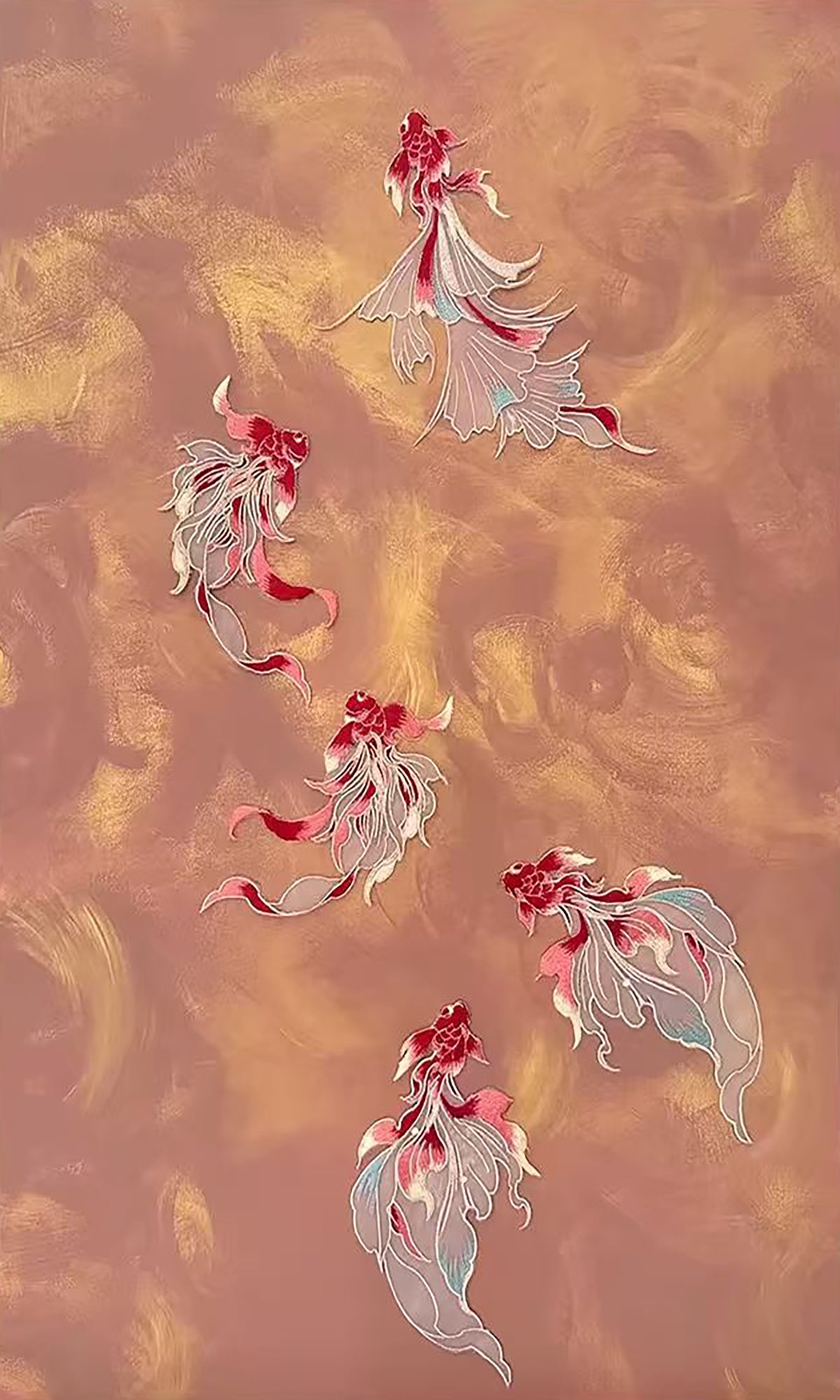 Red and white goldfish drifting across a burnished copper ground