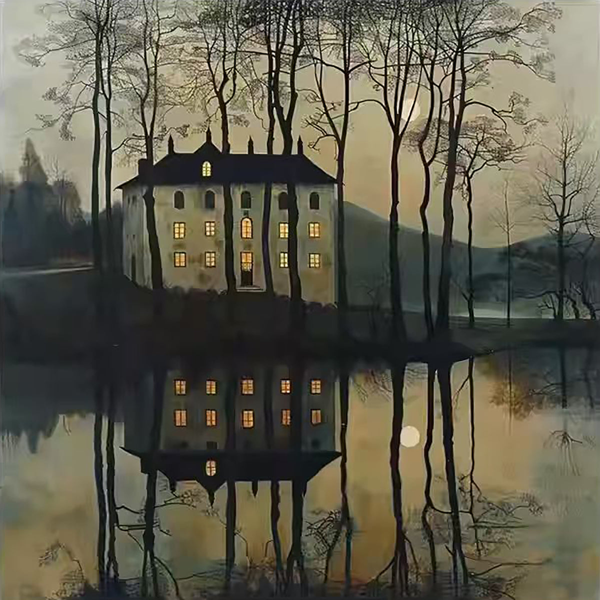 A lit house among bare trees reflected in a still lake