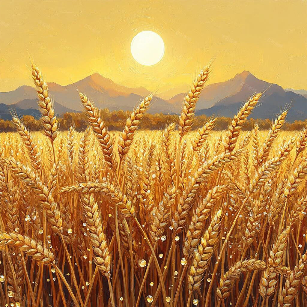 Heavy golden wheat ears glowing before distant hills and a white sun