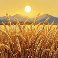 Heavy golden wheat ears glowing before distant hills and a white sun