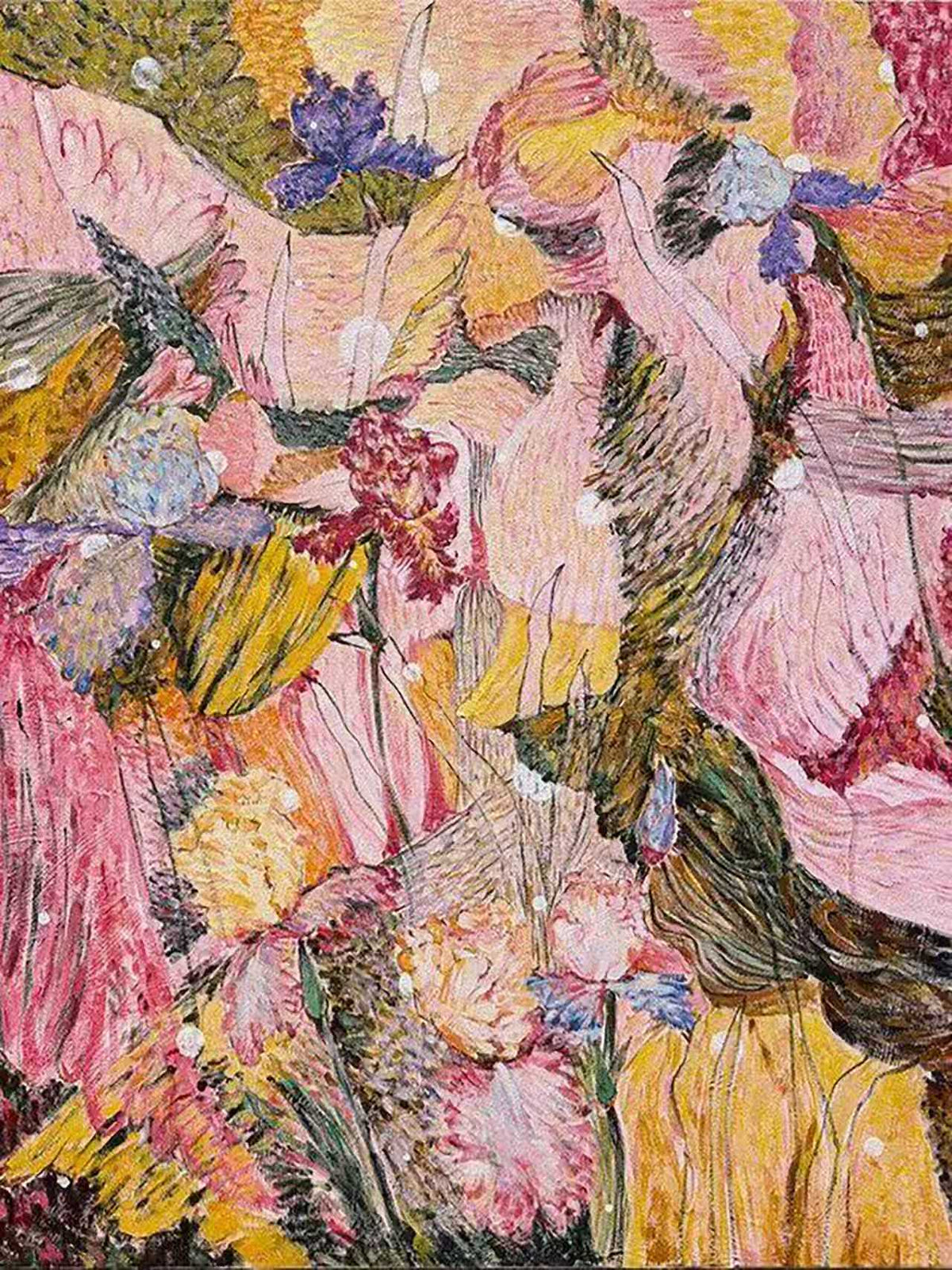 Pink, lilac and gold iris petals woven into a dense textured tangle