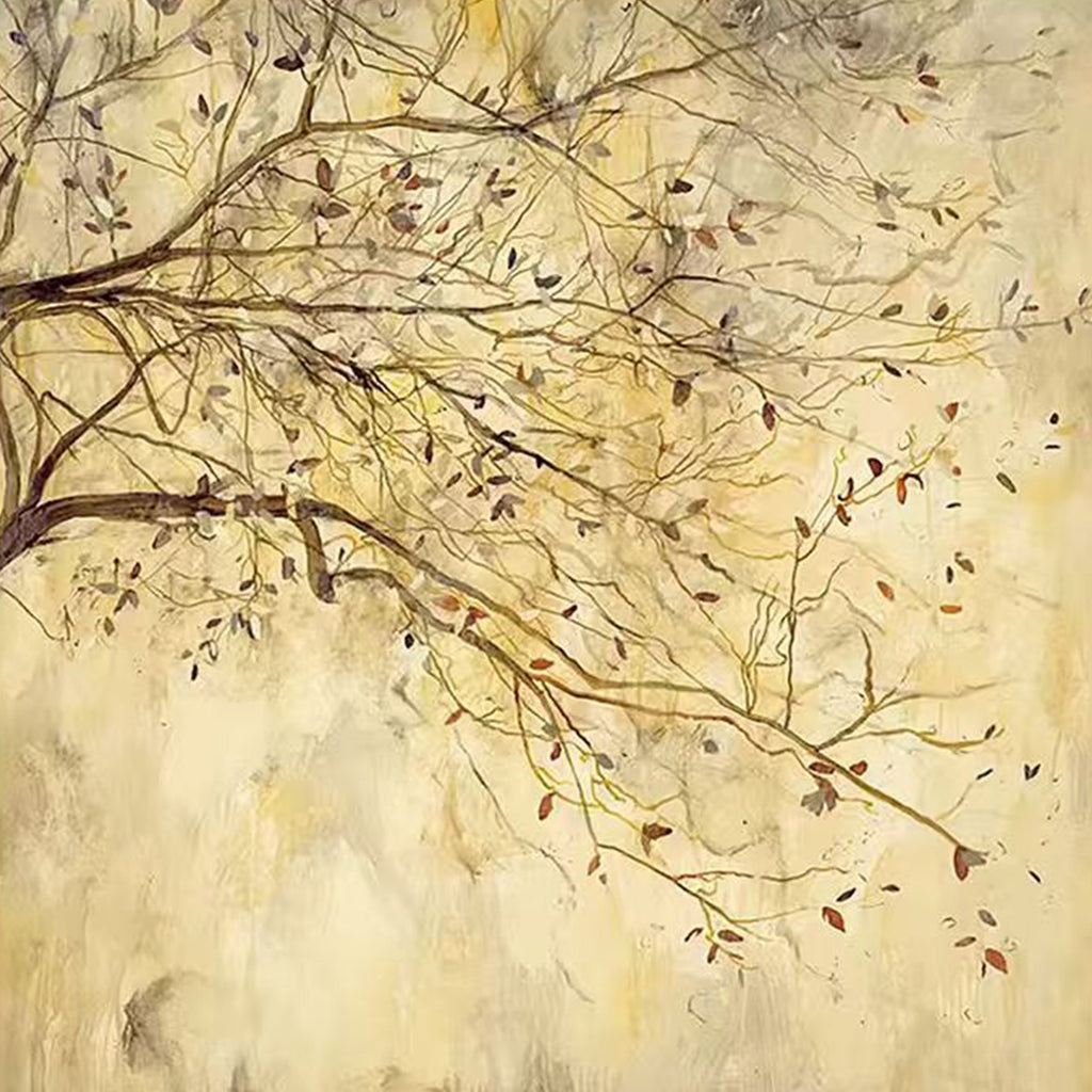 A web of fine branches and gold leaves over pale gold