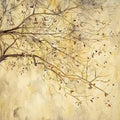 A web of fine branches and gold leaves over pale gold