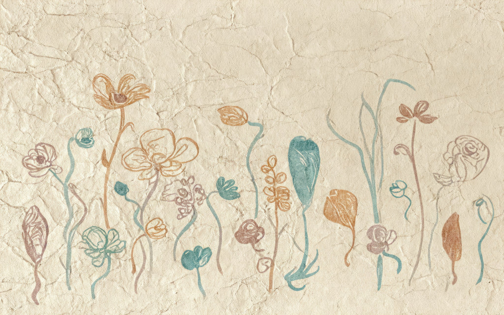 Outlined flowers in teal and rust on textured cream