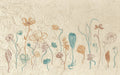 Outlined flowers in teal and rust on textured cream